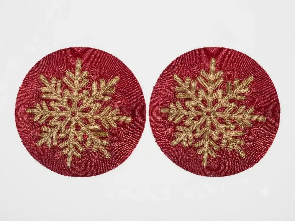 2 Nicole Miller Home Red Snowflake Beaded Round Chargers Placemats Christmas
